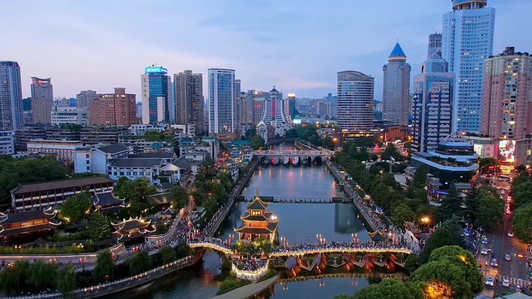 Aerial Night view of Jiaxiu Tower and urban skyline in Guiyang, Guizhou, China