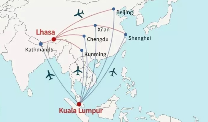 Flight Routes from Malaysia to Tibet
