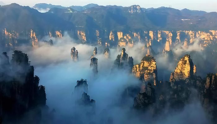 Quartz Sandstone Peak Forest of Zhangjiajie in Mist and Clouds