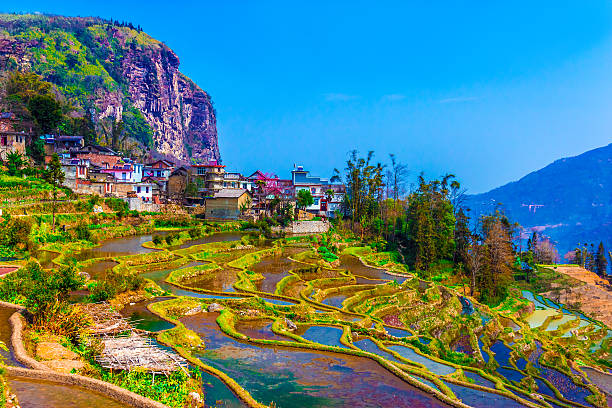 Village in South China with traditional Houses and Rice Terraces in Spring Water Season with Blue Sky and rocky Cliff on Background