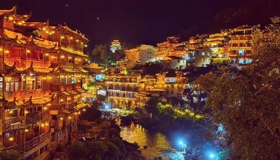 Night View of Stilted Buildings in Furong Ancient Town