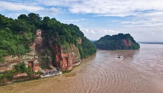 Aerial View of Leshan Giant Buddha at the Confluence of Three Rivers