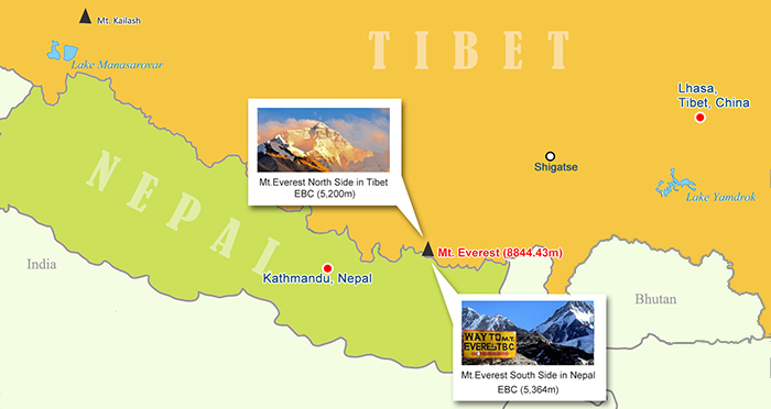 Mt. Everest in Nepal and Tibet Map
